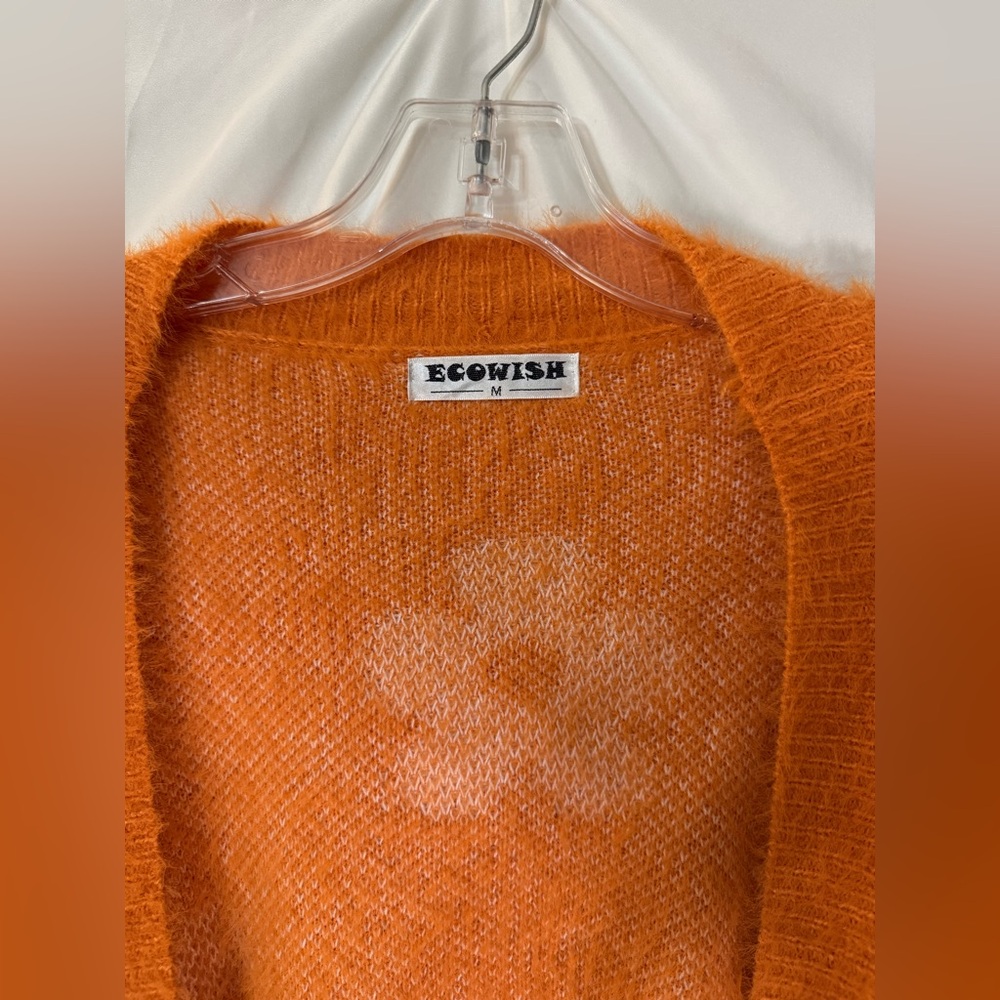 Ecowish Cropped Orange/White Flower Knit Open Front Cardigan With Ribbed Cuffs - Picture 6 of 11